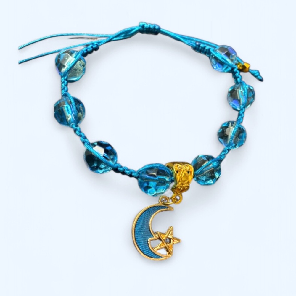 Blue Beaded Bracelet with Gold Crescent Charm